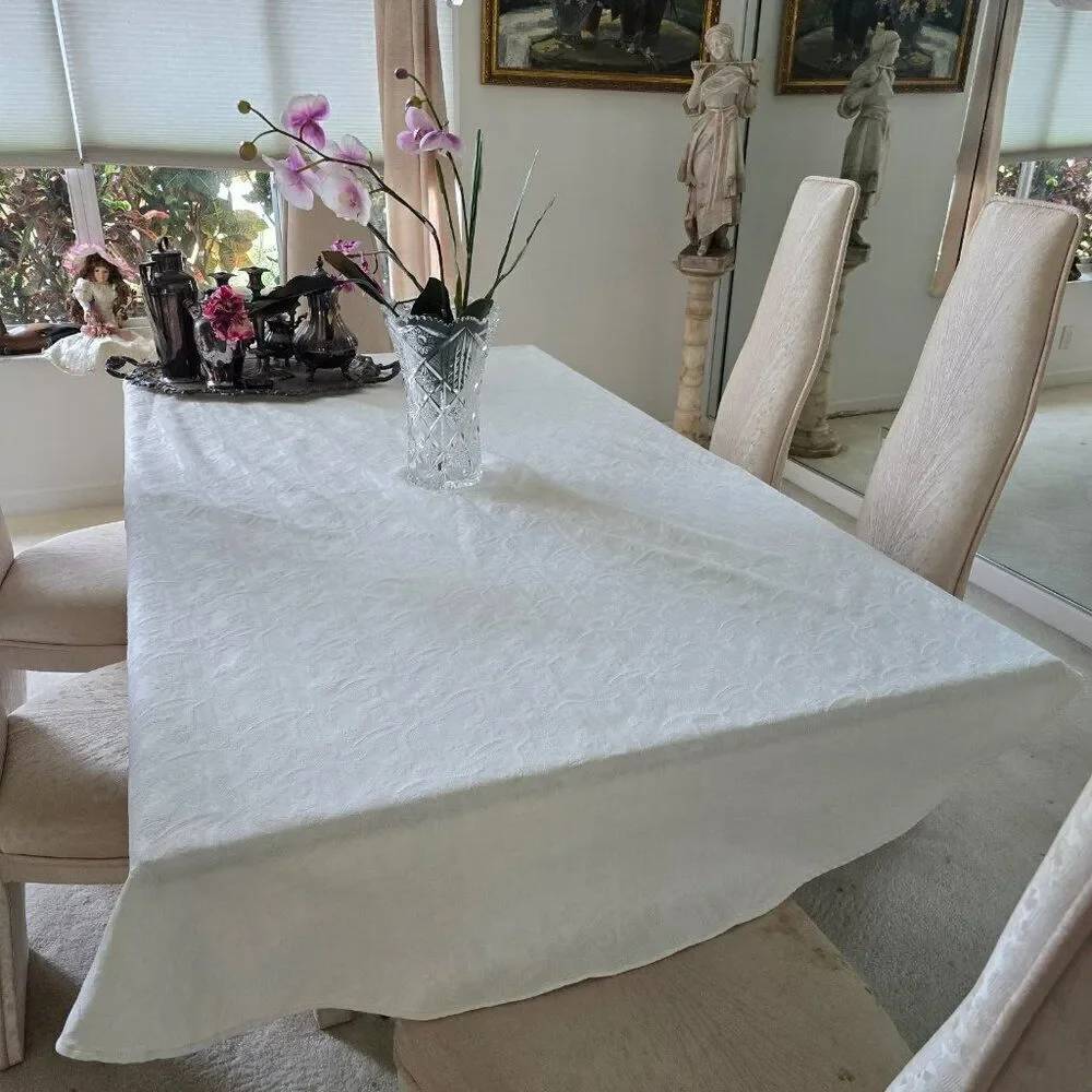 Vintage Handmade Tablecloth Textured Fabric Beige Rounded Oblong 89” x 68”